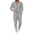 Conjunto de chándal gris de punto de gofre para hombre con polo de manga larga y pantalón jogger - Gris claro