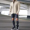 Men's beige waffle knit zip-up jacket featuring long sleeves and a casual lapel collar - S / Tops / Khaki