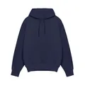 Gedetailleerd aanzicht van een donkerblauwe, dikke hoodie met capuchon voor heren - S / Tops / Marineblauw