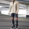 Men's casual waffle knit long sleeve zip-up jacket in beige color with lapel collar - Khaki