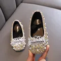 Elegant girls' princess shoes with gold rhinestones and pearl flower decoration - 21 / Gold