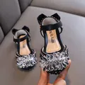 Elegante schwarze Prinzessinnenschuhe für Mädchen mit Kristallblume und Schleife - Schwarz