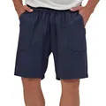 Detailed front view of men's navy blue cotton linen drawstring shorts on a model. - Navy Blue