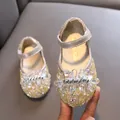 Funkelnde goldene Mary Jane Schuhe für Mädchen mit eleganten Strassblumen für Aufführungen - 21 / Gold
