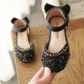Elegant black girls' rhinestone sandals with closed toe and cute bow ankle strap. - Size 21 (Inner Length 13.3cm) / Black