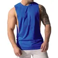 Men's blue muscle tank top with wide shoulders and deep side slits for athletic fitness. - Sapphire Blue