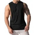 Men's athletic muscle tank top with wide shoulders and deep side cut in solid black. - M / Tops / Black