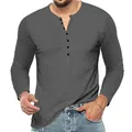Stijlvol heren slim fit shirt met lange mouwen grijs Henley t-shirt met v-hals en knopen - donkergrijs