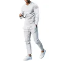 Men's casual white two-piece set featuring long-sleeve Henley shirt and matching pants - White