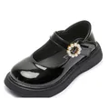 Glossy black patent leather girls' Mary Jane shoes featuring an elegant pearl buckle detail - 26 / Black