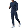 Men's navy blue casual tracksuit set with long sleeve t-shirt and matching trousers. - Navy Blue