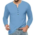 Klassiek lichtblauw heren T-shirt met lange mouwen, slim fit Henley-hals en knoopsluiting - Lichtblauw