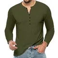 Slim fit heren T-shirt met lange mouwen in olijfgroen met Henley-hals en knoopsluiting - Legergroen