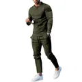 Men's 2-piece olive green casual tracksuit set with long sleeve Henley top and pants. - Army Green