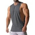 Deep side-cut men's sports tank top in charcoal gray worn by a muscular fitness model - Dark Gray
