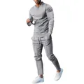 Grey men's two-piece tracksuit set with long-sleeve henley shirt and drawstring pants - Light Gray