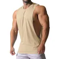 Khaki men's sleeveless sport tank top with deep side cutouts for bodybuilding - Apricot