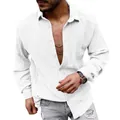 Men's casual white seersucker long sleeve shirt with lapel collar and relaxed fit - White