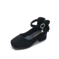 Elegante schwarze Wildleder-Mary-Janes für Mädchen mit quadratischer Spitze und Perle. - Schwarz