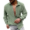 Sage green men's casual long sleeve shirt featuring breathable textured seersucker fabric. - Grey Green