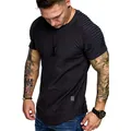 Detail view of men's slim fit t-shirt with unique textured pleated raglan sleeves. - M / Tops / Black