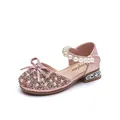 Sparkling pink glitter girls princess sandals with elegant pearl strap and bow - 26 / Pink