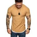 Detailed view of men's textured short sleeve T-shirt with pleated shoulders and curved hem - M / Tops / Khaki