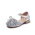 Elegant silver girls princess dress shoes with faux pearl strap and sparkling rhinestone bow - 26 / Silver