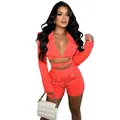 Fashionable coral orange deep V-neck cropped blazer and shorts set with pockets - S / Top And Bottom / Orange