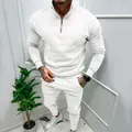Men's solid color fleece-lined tracksuit with half-zip sweatshirt and matching pants - S / Top And Bottom / White
