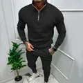Men's casual black fleece tracksuit set featuring a quarter-zip top and jogger pants - S / Top And Bottom / Black