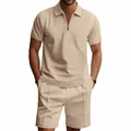 Detail view of men's beige waffle textured polo shirt and shorts set with zipper collar - M / Top And Bottom / Khaki