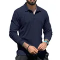Navy blue ribbed long-sleeve polo shirt for men featuring a classic lapel collar - Navy Blue