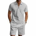 Detailed view of men's summer casual polo set with zipper neckline and textured pattern - M / Top And Bottom / Light Gray