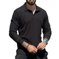 Polo da uomo nera a maniche lunghe con texture a coste e colletto a rever - Taglia S / Top / Nero