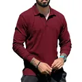 Men's long-sleeve ribbed polo shirt in burgundy red, slim fit casual autumn style - Wine Red