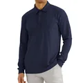 Men's classic navy blue ribbed long sleeve polo shirt featuring a buttoned lapel collar - Navy Blue