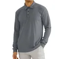 Classic men's grey ribbed long-sleeved polo shirt with elegant lapel button design - Battleship Gray