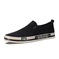 Black men's washed cloth slip-on shoes with casual flat sole design. - 38 / Black/Beige