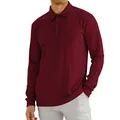 Men's burgundy long-sleeve polo shirt featuring a ribbed texture and classic lapel collar - Wine Red
