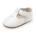 Detailed side view of a white soft-sole baby Mary Jane shoe for newborn infants - Insole Length 11cm / White