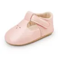 Pink soft-soled baby Mary Jane shoes with T-strap and decorative laser-cut details - Insole Length 11cm / Pink