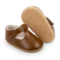Close-up detail of brown baby prewalker shoes featuring non-slip sole and T-strap design - Insole Length 11cm / Princess Style Walking Shoes (2178) / Coffee
