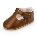 Close-up of brown leather T-strap pre-walker shoe for baby girls with velcro strap - Inner Length 12cm / Coffee