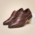 Elegant brown leather Brogue shoes with detailed wingtip carving for business formal wear - 38 / Dark Brown