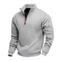 Felpa da uomo in pile grigio con mezza zip, polsini e orlo a costine per l'inverno. - Grigio chiaro