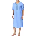 Detail shot showing the V-neck and black piping on this light blue men's mid-length robe - S / Robe / Blue