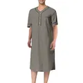 Front view of a comfortable men's grey short-sleeved nightgown with black piping. - Gray