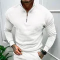 Men's minimalist white long sleeve quarter-zip fleece sweatshirt with standing polo collar - S / Tops / White