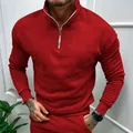 Men's red fleece-lined long sleeve sweatshirt with half-zip stand-up collar design - S / Tops / Red